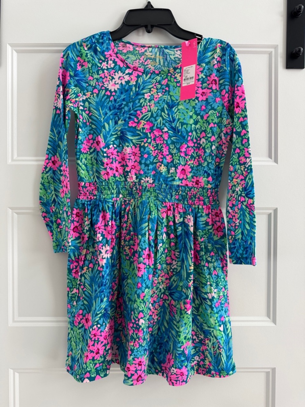 Lilly Pulitzer Girls' Blue Floral Long-Sleeve Dress with Pink Accents